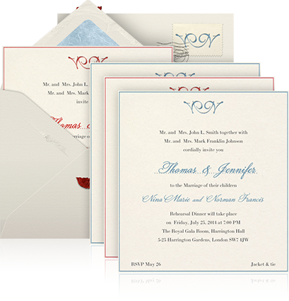 Online Wedding invitation example sending for a multiple invitation with beige envelope, four paper colored designer cards with gold border and personal addressing of recipients on designed dotted line for each of the 4 invitations.