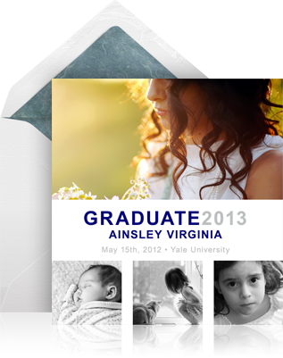 Online graduation save the date example sending with the standard white envelope and a designer photo card.