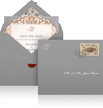 Online Wedding save the date example sending with grey envelope, customized lining and designer card.