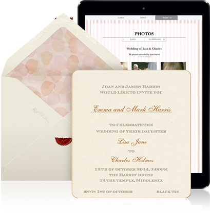 Online Wedding invitation example sending for a single invitation with beige envelope, water color lining, seal and formal classic designer card with personal addressing of recipients