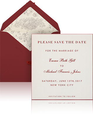 Online Wedding save the date example sending with white envelope, burgundy silk lining and beige designer card with engraved text