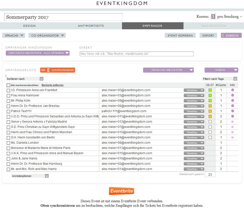 Empfängerliste mit integriertem Ticketing, um Empfänger und Ticketverkäufe zu verwalten.