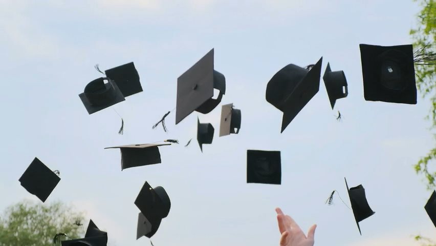 Video of throwing caps at a graduation celebration