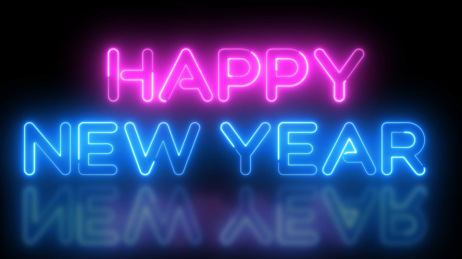 Video von Neon Happy New Year Text mit explodierendem Feuerwerk