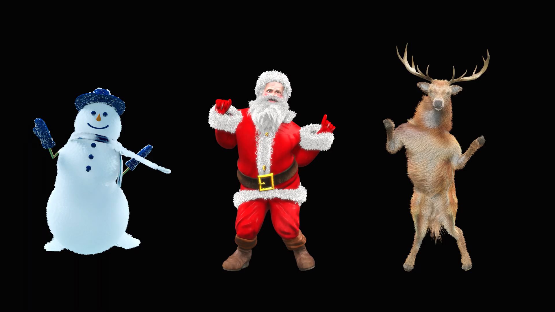 Video von einem tanzenden Schneeman, Weihnachtsman und einem Renntier