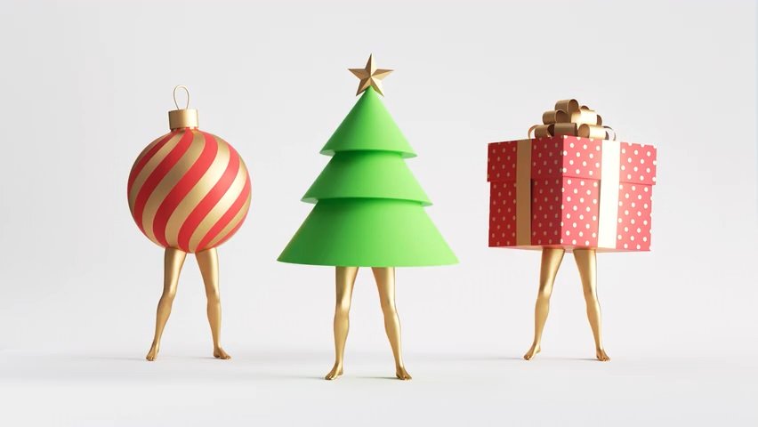 Video von tanzendem Weihnachtsschmuck bestehend aus einer Weihnachtskugel, einem Weihnachtbaum und einem Geschenk