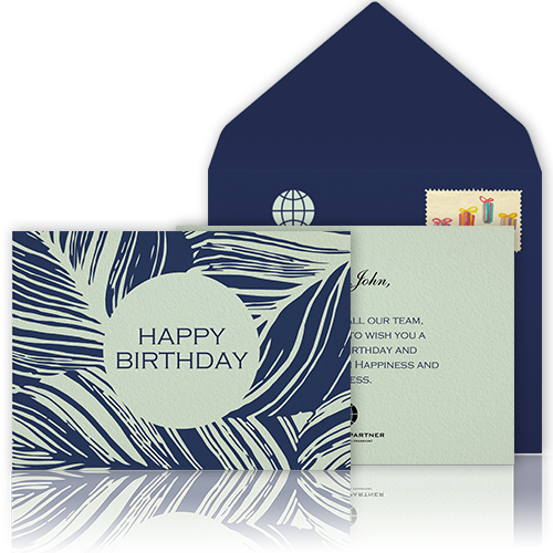 Online corporate birthday card with multiple pages and dark blue animated online envelope, olive green lining, own stamp and music