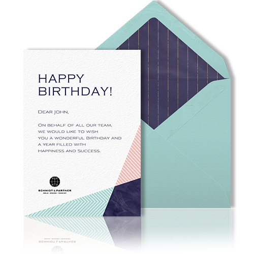 Personalized online business birthday card with customized animated mint envelope and navy blue striped lining