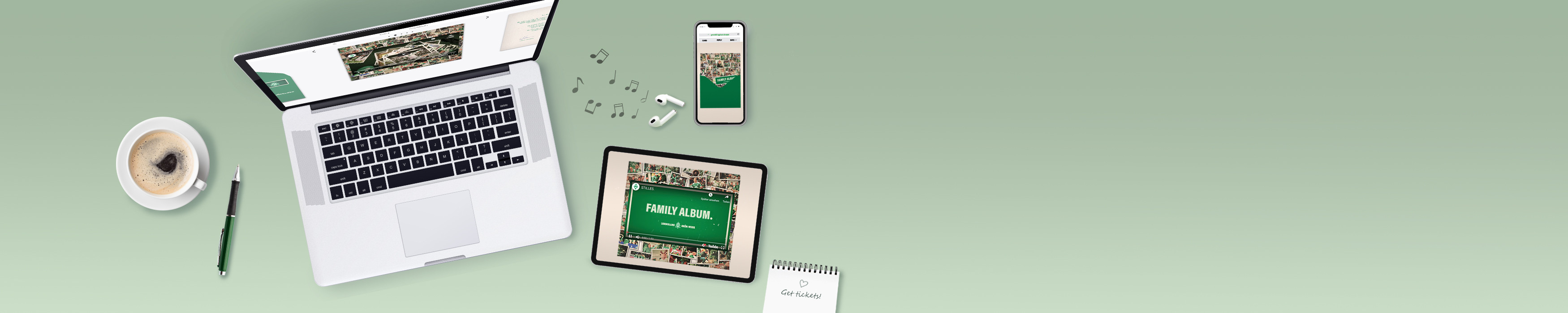 Paperless corporate holiday cards displayed on laptop, ipad and iphone on green background