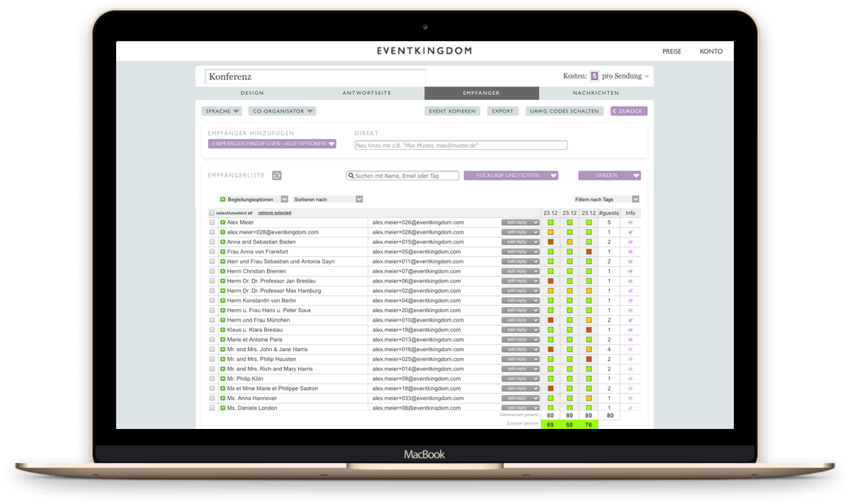 Empfangsübersicht und Gästemanagement Beispiel für Event mit mehrfachen Einladungen online oder Papier