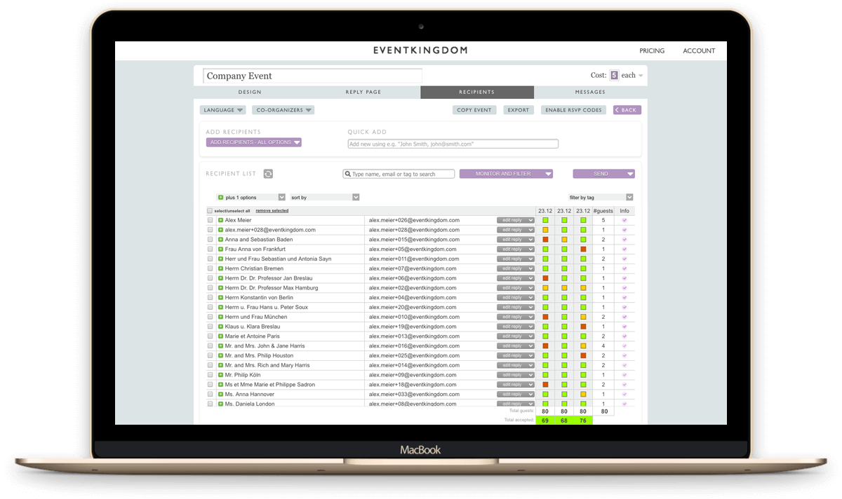 Example for recipient monitoring and guest management for an event with multiple invitations.