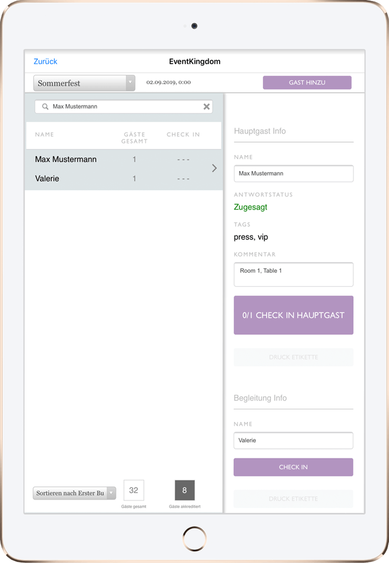 Checken Sie Ihre Gäste und ihre Begleitungen einfach ein und sehen Sie dabei alle wichtigen Informationen des Gastes.