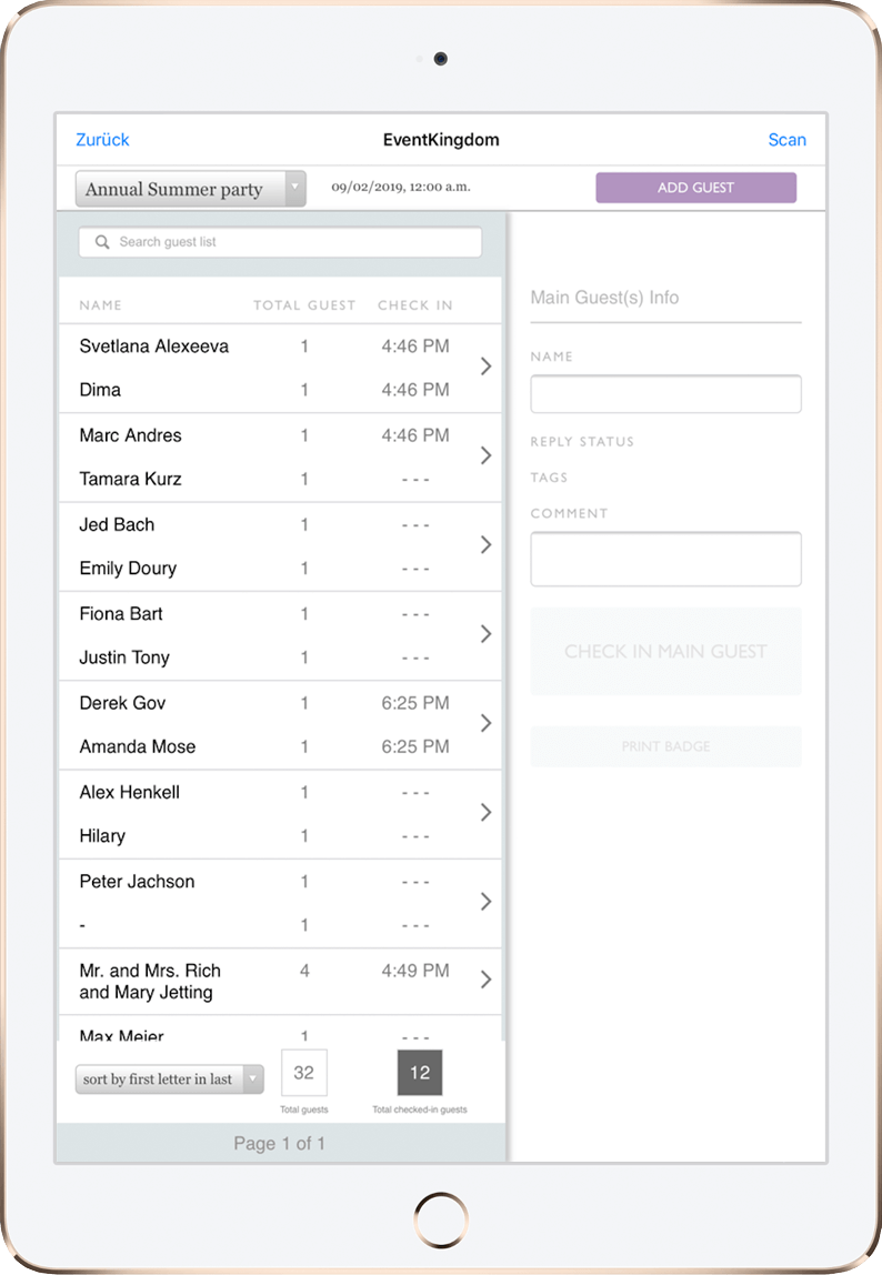 Guest list overview with check in stats