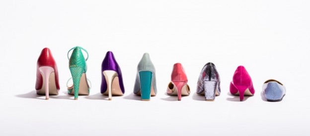 Lined up, colorful shoes, from Flats to High Heels.